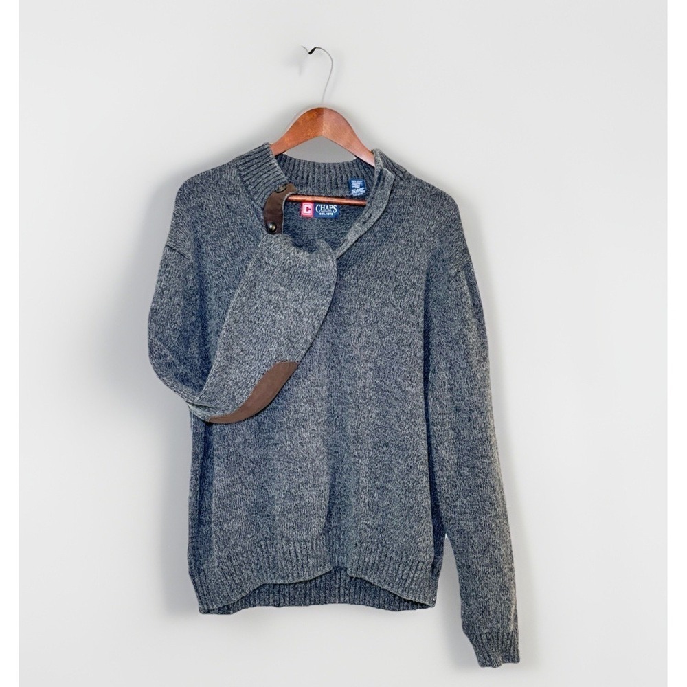 CHAPS Men's Grey Henley Cotton Knit Sweater XL w/Brown Suede Elbow Patches